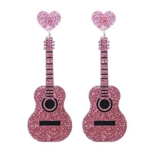 Pink Guitar Heart Glitter Earring